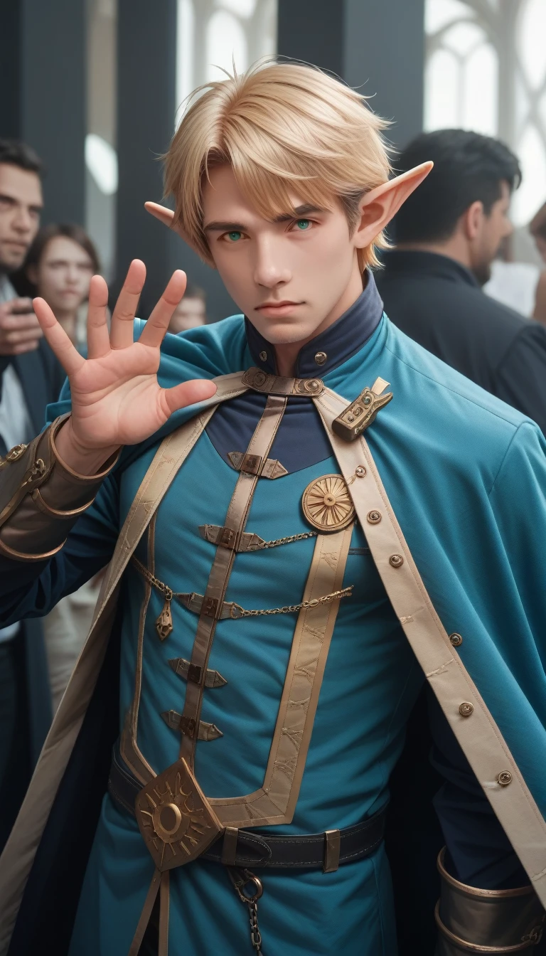 score_9_up, score_8_up, score_7_up, score_6_up,masterpiece, best quality, 1 person, aldult, Male focus, Solitary, Medium Blonde, Vibrant green eyes, Looking at the audience, cape, High quality metal texture, Coat, Shut up, Bangs, Boss,(knowledge base:0.6), Fantasy Aesthetics, Very detailed, Shadowverse Style, Executor Equipment, Elf ears, repair hand