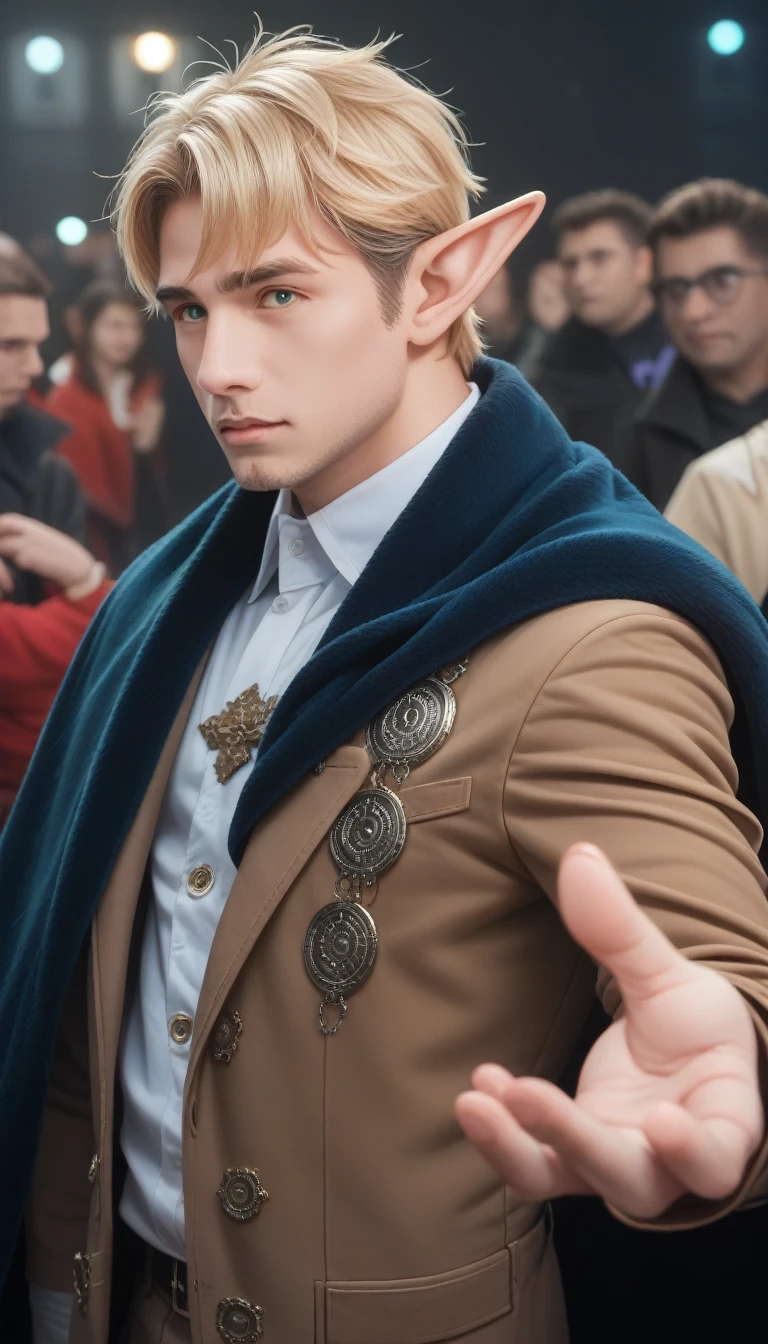 score_9_up, score_8_up, score_7_up, score_6_up,masterpiece, best quality, 1 person, aldult, Male focus, Solitary, Medium Blonde, Vibrant green eyes, Looking at the audience, cape, High quality metal texture, Coat, Shut up, Bangs, Boss,(knowledge base:0.6), Fantasy Aesthetics, Very detailed, Shadowverse Style, Executor Equipment, Elf ears, repair hand