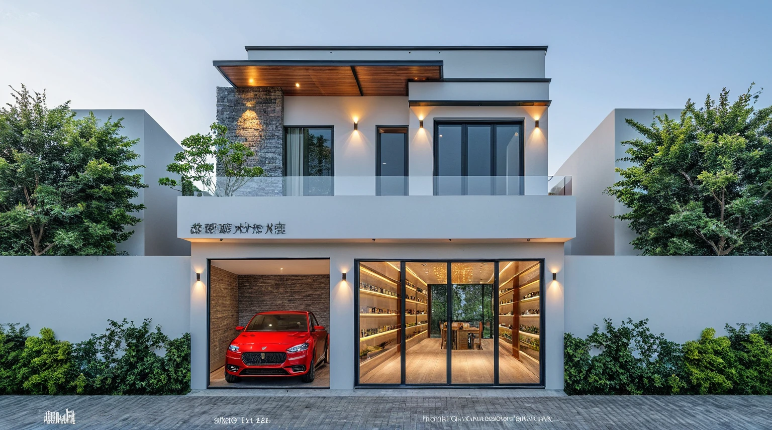 Two-storey townhouse, minimalist architecture, modern house, brightly painted walls, stone wall accents, xingfa aluminum glass doors. The canopy is made of resistant iron glass. In the afternoon light, the construction lights are turned on and you can see furniture, the first floor is for business, the second floor is residential. realistic representation. surrealist house