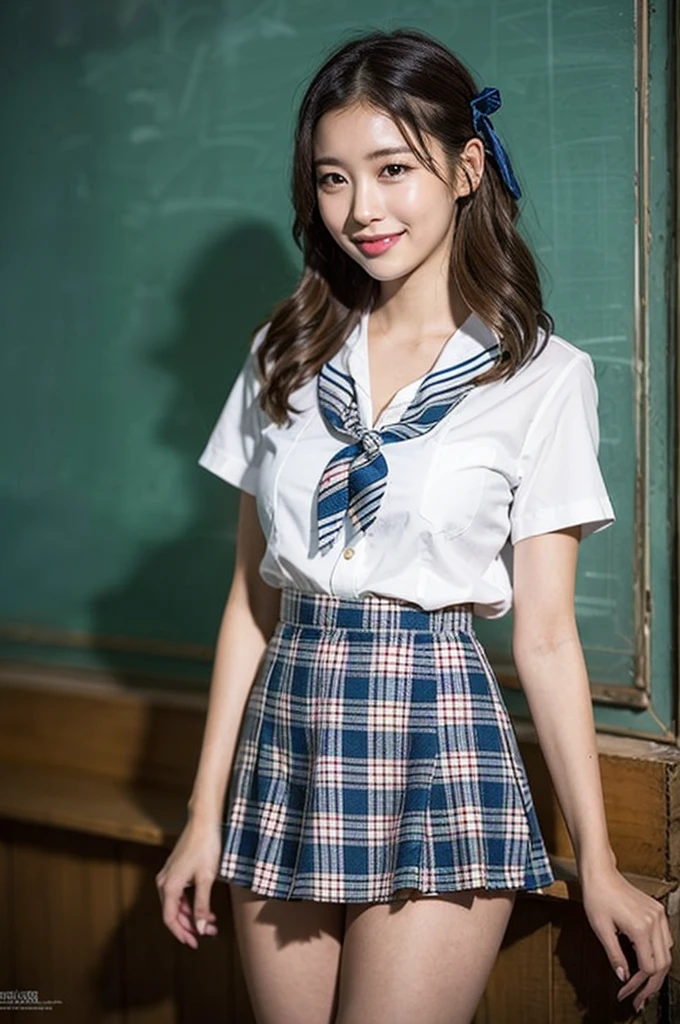 1girl,23yo.strawberry print panties ,.classroom brown eyes, brown hair, cardigan, female pubic hair, full body, gyaru, hair ribbon, lips, loafers, long hair, looking at viewer, panties, plaid, plaid skirt, realistic, red ribbon, , shirt, short sleeves, simple background, sitting, skirt, skirt lift, smile, solo, spls, standing, striped, white neckerchief, white shirt.