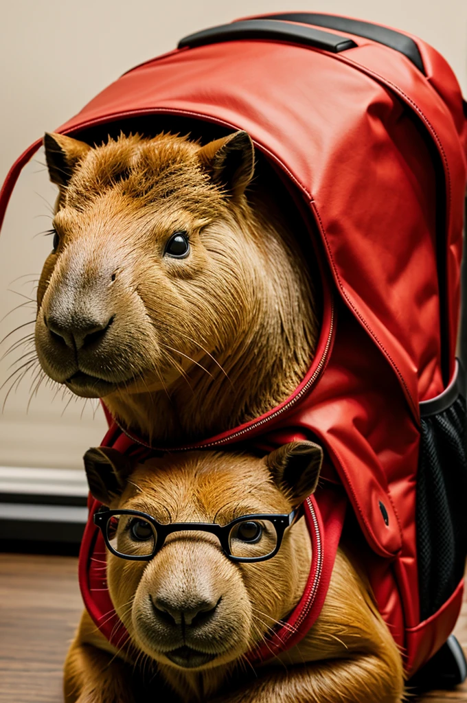 Make an image of a capybara with glasses and a red backpack and playing on a PC gamer 