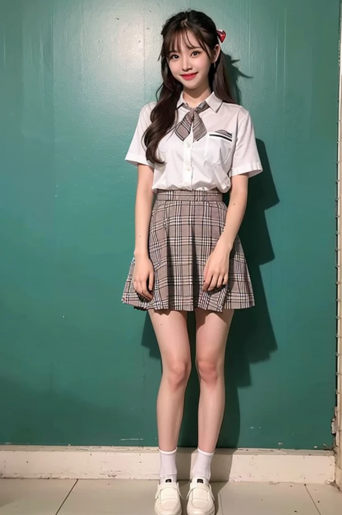 1girl,23yo.strawberry print panties ,.classroom brown eyes, brown hair, cardigan, female pubic hair, full body, gyaru, hair ribbon, lips, loafers, long hair, looking at viewer, panties, plaid, plaid skirt, realistic, red ribbon, , shirt, short sleeves, simple background, sitting, skirt, skirt lift, smile, solo, spls, standing, striped, white neckerchief, white shirt.