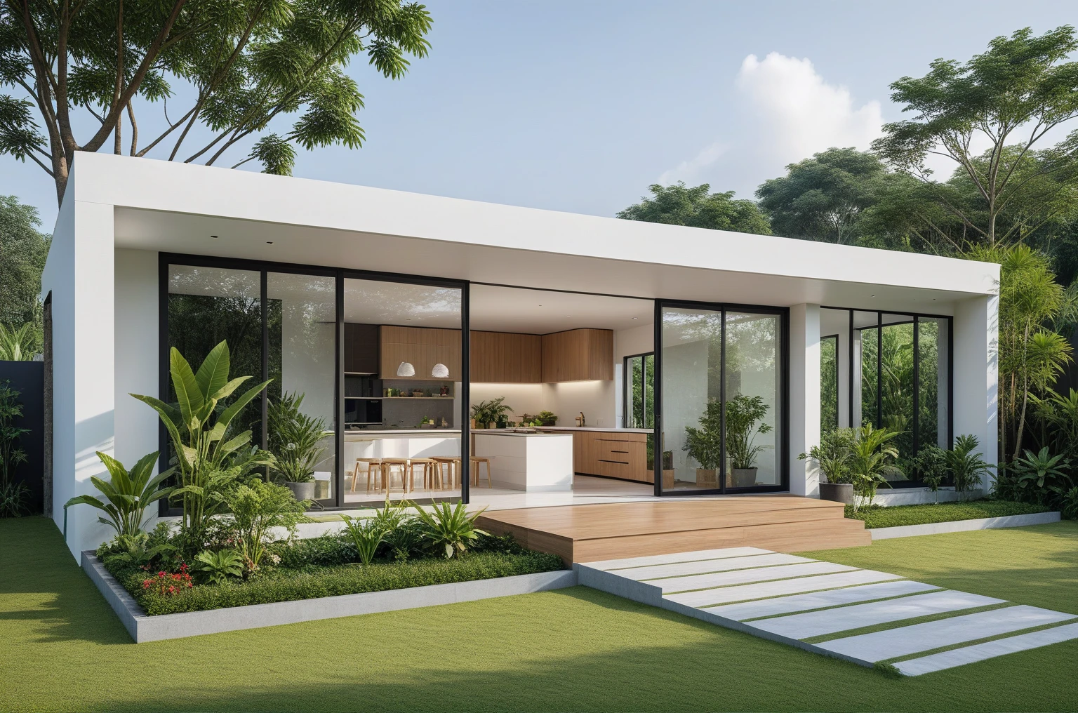 A hyper-realistic , a modern one-story house with a minimalist design, (very small house: 1.2) ,((with a facade less than 4 meters wide:1.2)), white and glass materials, wood,  The house has a flat roof, large floor-to-ceiling glass windows, The garden includes various tropical plants and trees. (house as the showroom mini furniture:1.2), front view, elevation view