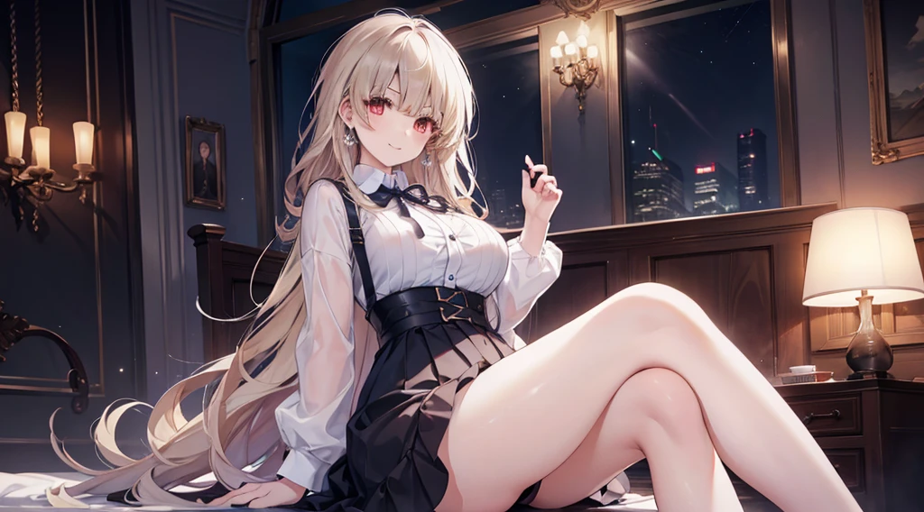 Highest quality, masterpiece, figure, wallpaper,One girl,White shirt, Light Hair, Beautiful detailed girl, Highly detailed eyes and face, Beautiful attention to detail, Shine,Browsing Caution, View your viewers, bed, night, Black Pantyhose, Straight hair, Red Eyes, long hair,Blonde, thick_Thighs, Large Breasts, Red eyes,Sitting,beautiful finger, clear background, deep night, Lying down、smile、Large silver earrings