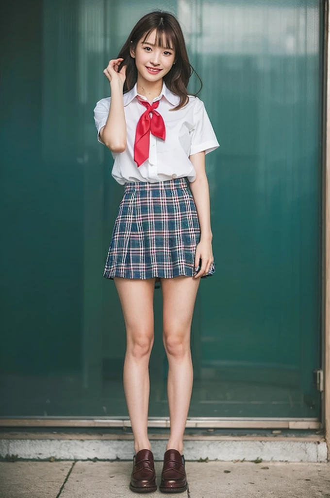 1girl,23yo.strawberry print panties ,.classroom brown eyes, brown hair, cardigan, female pubic hair, full body, gyaru, hair ribbon, lips, loafers, long hair, looking at viewer, panties, plaid, plaid skirt, realistic, red ribbon, , shirt, short sleeves, simple background, sitting, skirt, skirt lift, smile, solo, spls, standing, striped, white neckerchief, white shirt.