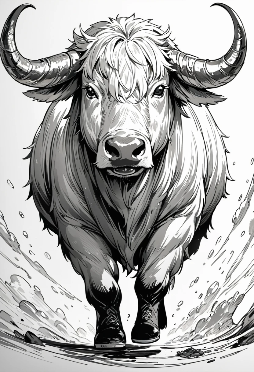 A yak tattoo,Full of wildness, grey, Microrealism, Line Art