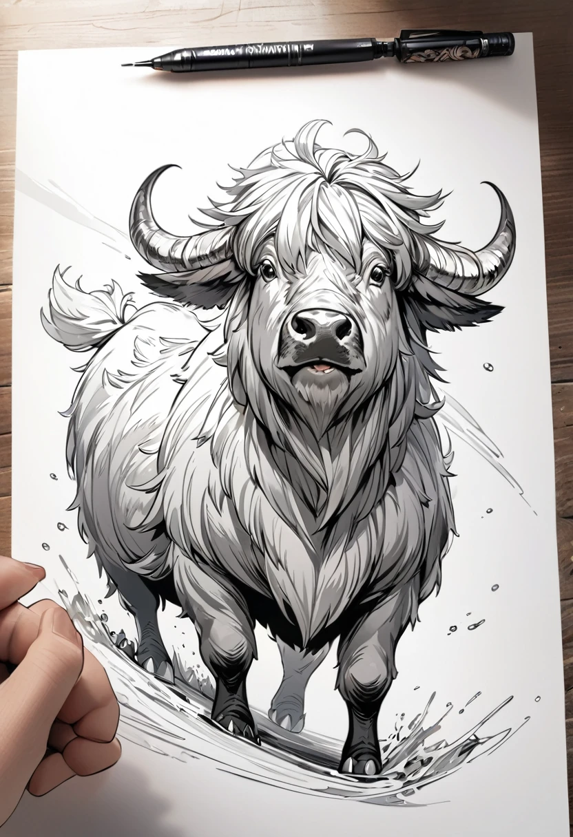 A yak tattoo,Full of wildness, grey, Microrealism, Line Art