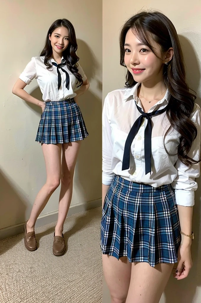 1girl,23yo.strawberry print panties ,.classroom brown eyes, brown hair, cardigan, female pubic hair, full body, gyaru, hair ribbon, lips, loafers, long hair, looking at viewer, panties, plaid, plaid skirt, realistic, red ribbon, , shirt, short sleeves, simple background, sitting, skirt, skirt lift, smile, solo, spls, standing, striped, white neckerchief, white shirt.