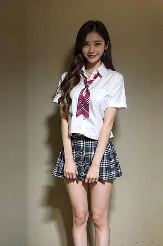 1girl,23yo.strawberry print panties ,.classroom brown eyes, brown hair, cardigan, female pubic hair, full body, gyaru, hair ribbon, lips, loafers, long hair, looking at viewer, panties, plaid, plaid skirt, realistic, red ribbon, , shirt, short sleeves, simple background, sitting, skirt, skirt lift, smile, solo, spls, standing, striped, white neckerchief, white shirt.