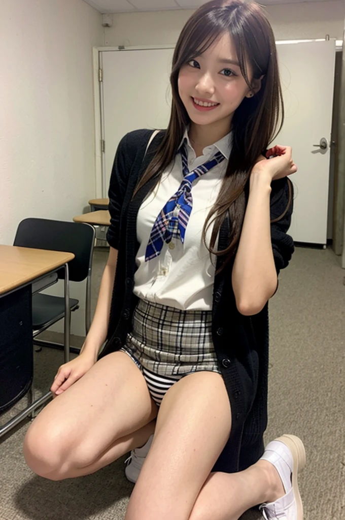 1girl,23yo.strawberry print panties ,.classroom brown eyes, brown hair, cardigan, female pubic hair, full body, gyaru, hair ribbon, lips, loafers, long hair, looking at viewer, panties, plaid, plaid skirt, realistic, red ribbon, , shirt, short sleeves, simple background, sitting, skirt, skirt lift, smile, solo, spls, standing, striped, white neckerchief, white shirt.