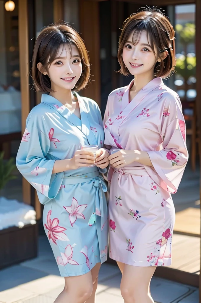 Two beauties,2 girls,cute,yukata,Lily print,pastel colors,winter,Great Joy