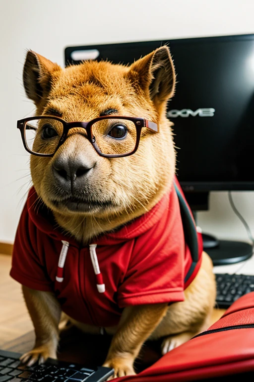 Make an image of a capybara with glasses and a red backpack and playing on a PC gamer 