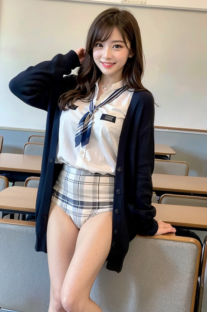 1girl,23yo.strawberry print panties ,.classroom brown eyes, brown hair, cardigan, female pubic hair, full body, gyaru, hair ribbon, lips, loafers, long hair, looking at viewer, panties, plaid, plaid skirt, realistic, red ribbon, , shirt, short sleeves, simple background, sitting, skirt, skirt lift, smile, solo, spls, standing, striped, white neckerchief, white shirt.