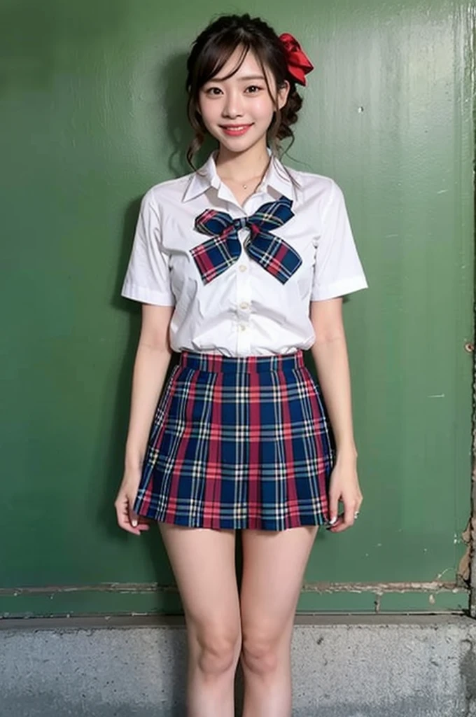 1girl,23yo.strawberry print panties ,.classroom brown eyes, brown hair, cardigan, female pubic hair, full body, gyaru, hair ribbon, lips, loafers, long hair, looking at viewer, panties, plaid, plaid skirt, realistic, red ribbon, , shirt, short sleeves, simple background, sitting, skirt, skirt lift, smile, solo, spls, standing, striped, white neckerchief, white shirt.