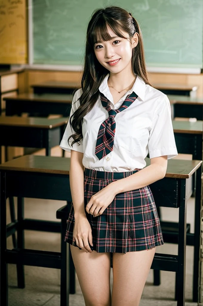 1girl,23yo.strawberry print panties ,.classroom brown eyes, brown hair, cardigan, female pubic hair, full body, gyaru, hair ribbon, lips, loafers, long hair, looking at viewer, panties, plaid, plaid skirt, realistic, red ribbon, , shirt, short sleeves, simple background, sitting, skirt, skirt lift, smile, solo, spls, standing, striped, white neckerchief, white shirt.