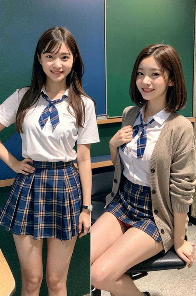 1girl,23yo.strawberry print panties ,.classroom brown eyes, brown hair, cardigan, female pubic hair, full body, gyaru, hair ribbon, lips, loafers, long hair, looking at viewer, panties, plaid, plaid skirt, realistic, red ribbon, , shirt, short sleeves, simple background, sitting, skirt, skirt lift, smile, solo, spls, standing, striped, white neckerchief, white shirt.