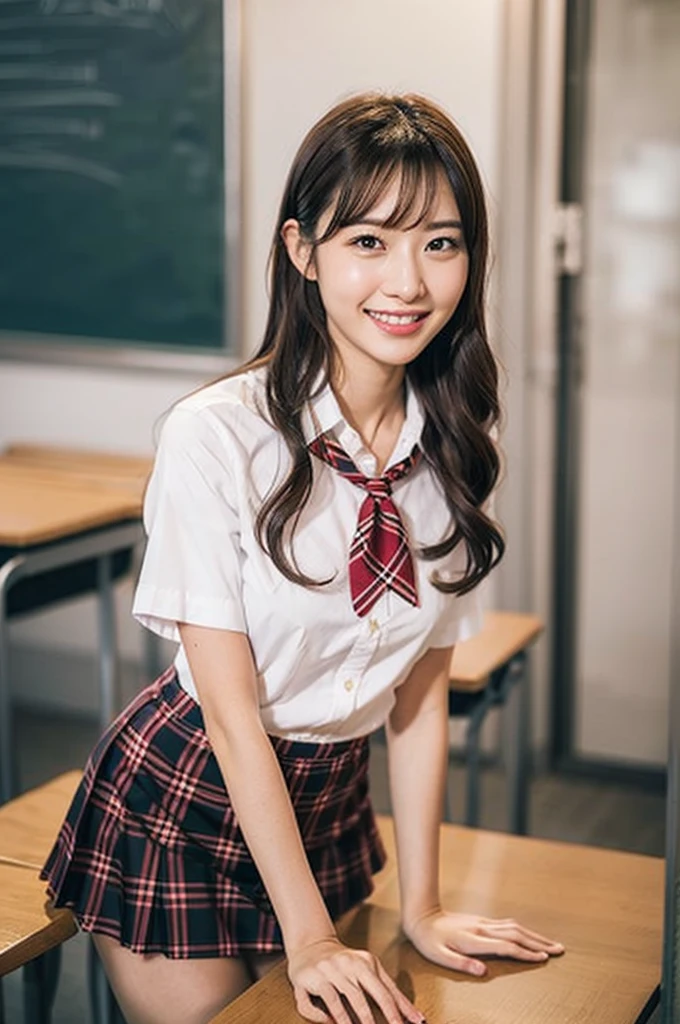 1girl,23yo.strawberry print panties ,.classroom brown eyes, brown hair, cardigan, female pubic hair, full body, gyaru, hair ribbon, lips, loafers, long hair, looking at viewer, panties, plaid, plaid skirt, realistic, red ribbon, , shirt, short sleeves, simple background, sitting, skirt, skirt lift, smile, solo, spls, standing, striped, white neckerchief, white shirt.