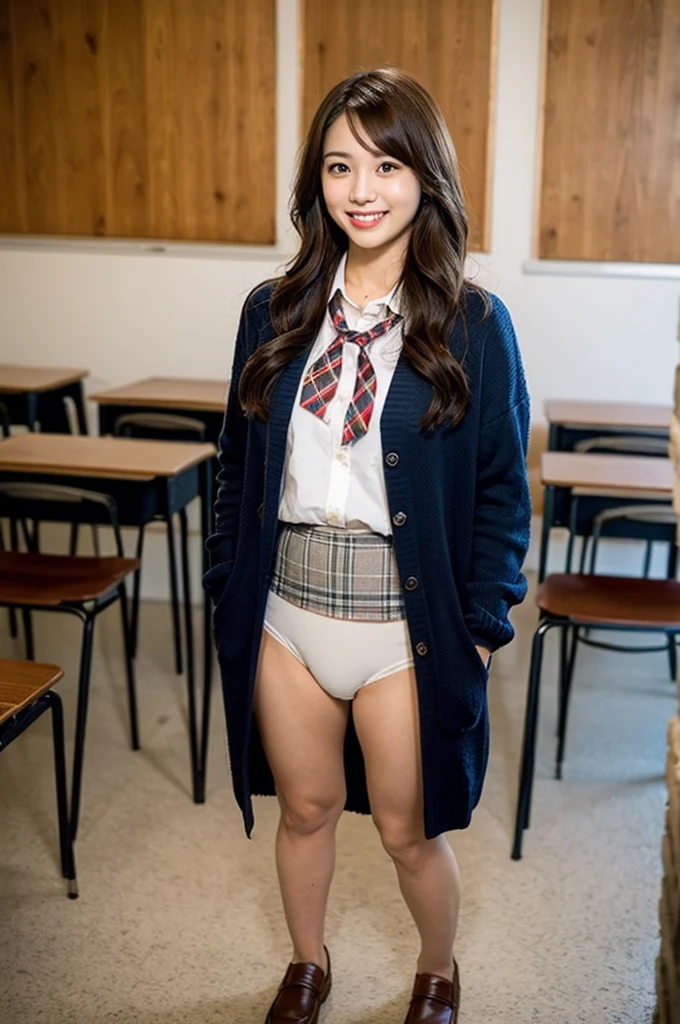 1girl,23yo.strawberry print panties ,.classroom brown eyes, brown hair, cardigan, female pubic hair, full body, gyaru, hair ribbon, lips, loafers, long hair, looking at viewer, panties, plaid, plaid skirt, realistic, red ribbon, , shirt, short sleeves, simple background, sitting, skirt, skirt lift, smile, solo, spls, standing, striped, white neckerchief, white shirt.