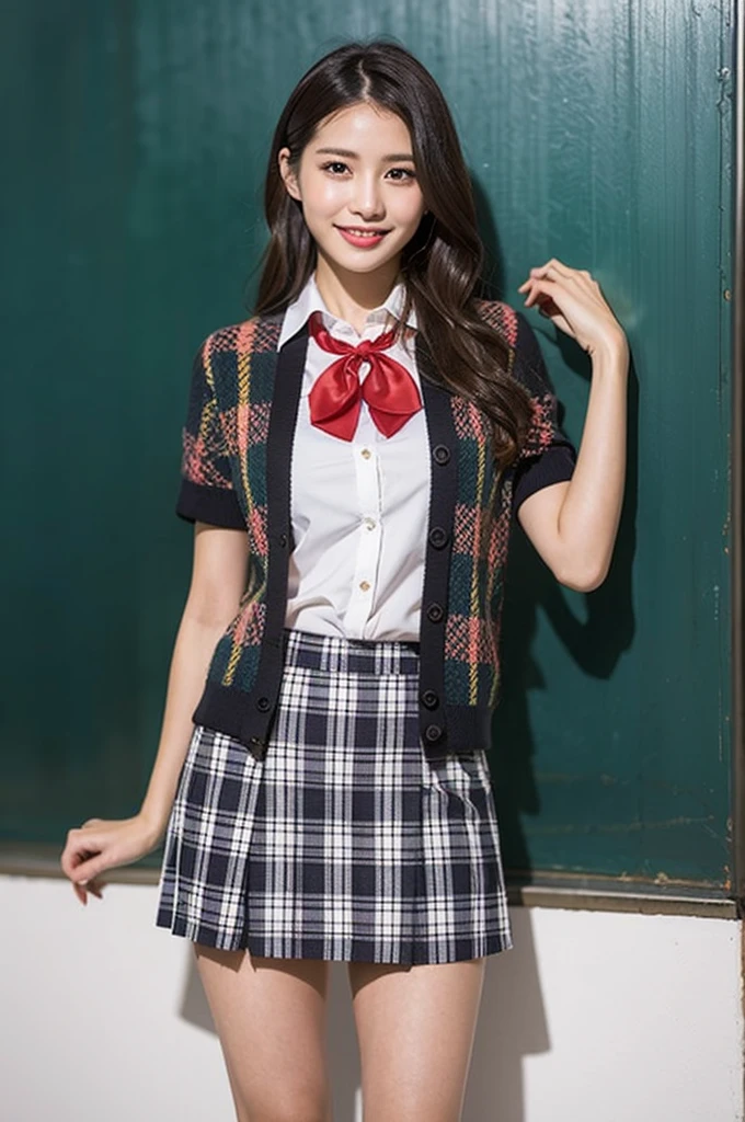 1girl,23yo.strawberry print panties ,.classroom brown eyes, brown hair, cardigan, female pubic hair, full body, gyaru, hair ribbon, lips, loafers, long hair, looking at viewer, panties, plaid, plaid skirt, realistic, red ribbon, , shirt, short sleeves, simple background, sitting, skirt, skirt lift, smile, solo, spls, standing, striped, white neckerchief, white shirt.