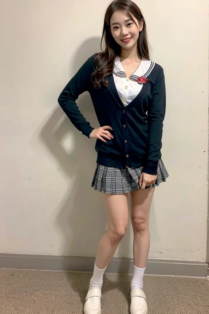 1girl,23yo.strawberry print panties ,.classroom brown eyes, brown hair, cardigan, female pubic hair, full body, gyaru, hair ribbon, lips, loafers, long hair, looking at viewer, panties, plaid, plaid skirt, realistic, red ribbon, , shirt, short sleeves, simple background, sitting, skirt, skirt lift, smile, solo, spls, standing, striped, white neckerchief, white shirt.