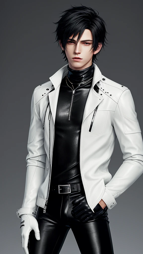 Final fantasy taste and reality graphics, Japanese young cute and cool ikemen  boy, his age is early 20s, thin eyebrows and beady eyes,  he wearing off white color leather  thick material jacket, jacket is singlebrest, biker style jacket, with epaulet, jacket is long sleeve, must close the front of the leather jacket, , voluminous leather jacket, ,must jacket is high length and stand-up collar with two belts, jacket is a little black color line pattern,close the front of the jacket, also wearing black thick material turtleneck lackluster shirts,  tight black leather pants,  black leather tight and thin glove, black leather knee-high raceup boots,must views  head-to-toe,must views whole body, boy looks like fashion model,Do not show skin from the neck down,leather jacket leather glove and leather pants have few wrinkles,boy in the prison room, Avoid showing your innerwear,zip up jacket fastner.
Boy touching owns private parts with right hand.