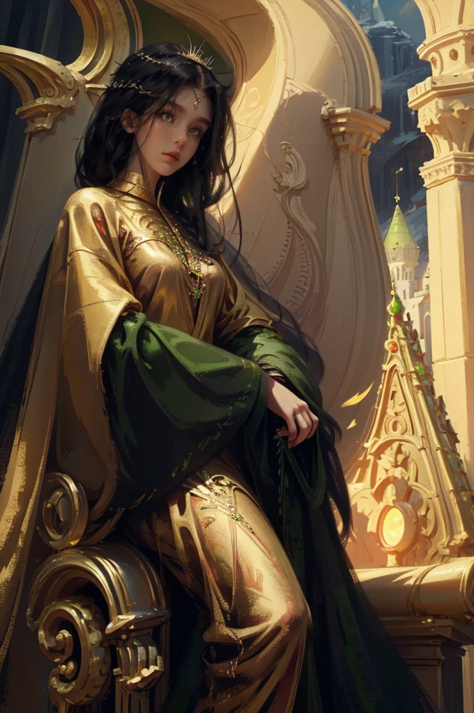 ((aeolian)), 1 ((young)) girl with a beautiful face and green eyes, Princess, full body view, very long black hair, fantasy castle landscape