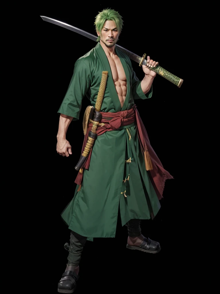 a strong man, short green hair, with green samurai robes, holding a katana in one hand.