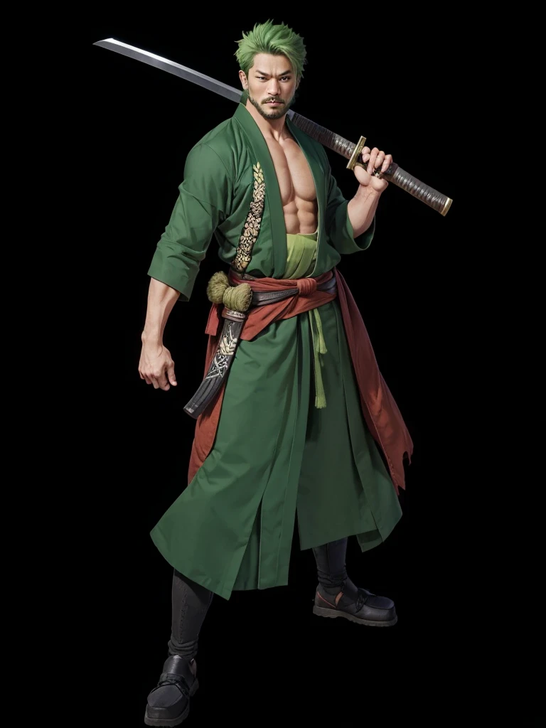 a strong man, short green hair, with green samurai robes, holding a katana in one hand.