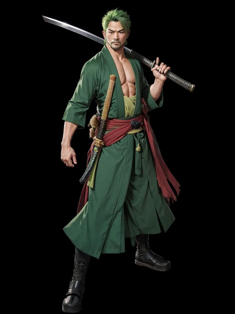 a strong man, short green hair, with green samurai robes, holding a katana in one hand.