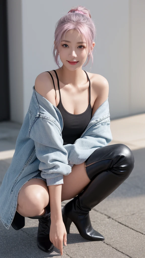 (A 20-year-old girl is perfect for friendship),((((Squat,Open your legs)))),Black thigh boots,High heel,Blue Distressed Denim Shorts,Black jacket,perspective,original photo,Realism:1.6,quality:1.5,8k,masterpiece:1.3,Ultra-high resolution:1.0,Sharp Focus:1.2,(:1.5),Beautiful woman with perfect body,Highly detailed face and skin texture, Delicate eyes,Double eyelids,((Gray eyes:1.3)),Perfect facial balance,Smile,((Pink mid-hair)),beautiful forehead,Beautiful studio with soft light,Edge rays,Vivid details,Surreal,Octane Rendering,Delicate and beautiful skin,Realistic skin,Looking at the audience,(Graffiti Art,Mural Art,Street art:1.2),Sakura Haruno,Headband,