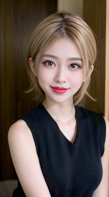 blush a little and smile, (Top quality masterpiece:1.2) Delicate illustrations, Very detailed, /Beautiful Japanese Women、1 person,Very cute and slim、Great style 、((8k images、super high quality))、Very delicate face, Big Breasts、Skin and Hair、beautifule forehead、Red lipstick、(((((short hair、Blonde、lure))))),Very cute Japanese cut face、Eyes and nose are clearly visible、Kind eyes,((((Black sleeveless fashion))))