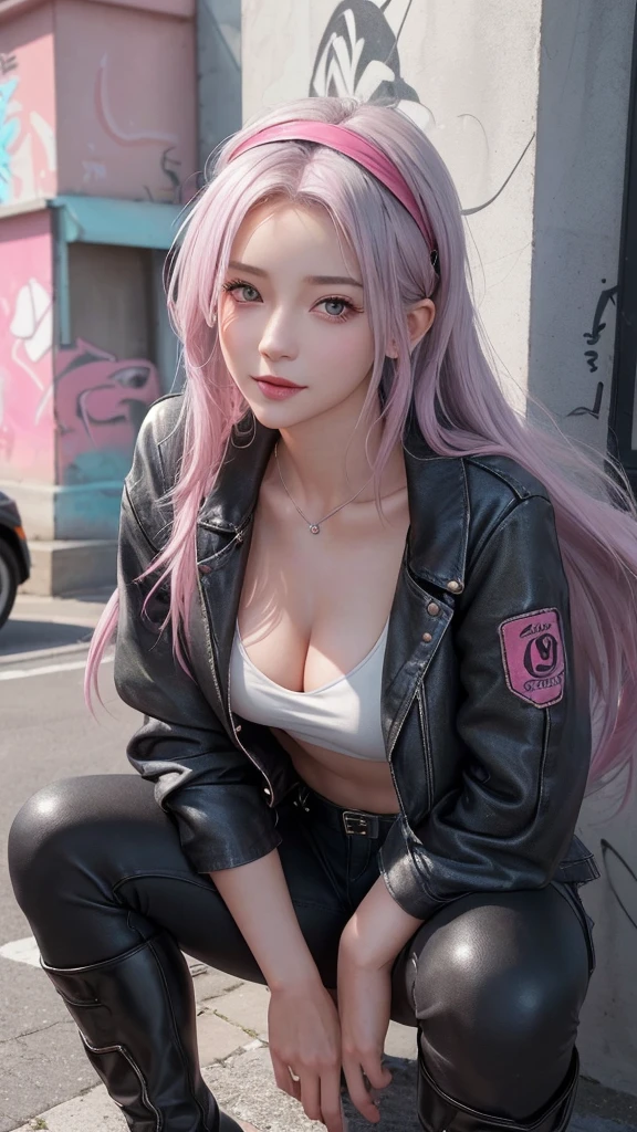 (A 20-year-old girl is perfect for friendship),((((Squat,Open your legs)))),Black thigh boots,High heel,Blue Distressed Denim Shorts,Black jacket,perspective,original photo,Realism:1.6,quality:1.5,8k,masterpiece:1.3,Ultra-high resolution:1.0,Sharp Focus:1.2,(:1.5),Beautiful woman with perfect body,Highly detailed face and skin texture, Delicate eyes,Double eyelids,((Gray eyes:1.3)),Perfect facial balance,Smile,((Pink mid-hair)),beautiful forehead,Beautiful studio with soft light,Edge rays,Vivid details,Surreal,Octane Rendering,Delicate and beautiful skin,Realistic skin,Looking at the audience,(Graffiti Art,Mural Art,Street art:1.2),Sakura Haruno,Headband,