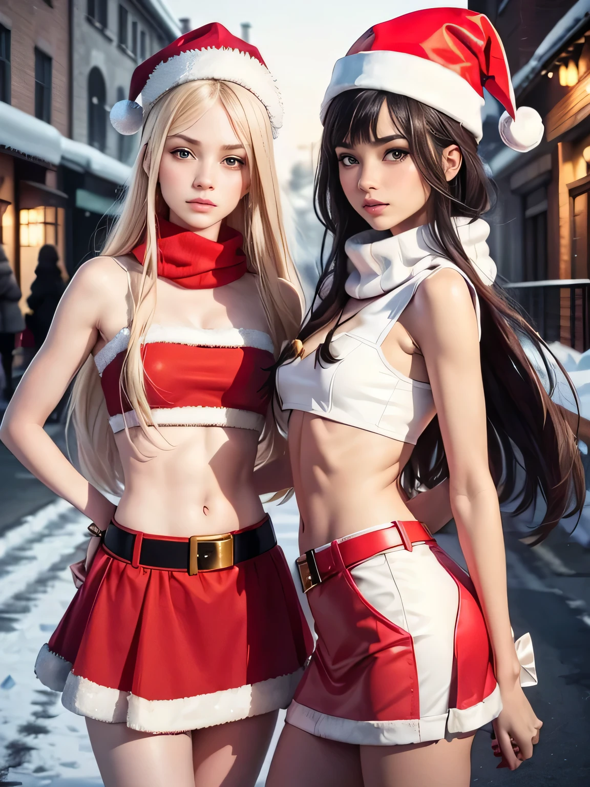superflat, flat colors, ((2girls:1.4)), 19yo, slim, (small breasts:1.3), ((one girl has long blond hair)), ((second girl has short dark hair:1.3)), (white mini skirt:), (black mini skirt:), (red very short skirt:1.4) ),  (cute girl santa claus), ((santa's hat:1.4)) topless, nipple, standing, shy, Cozy winter scene, white, ((winter street:1.4)), vibrant, bright, watercolor,