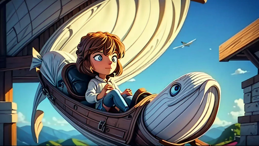 a girl riding a flying whale, clear sky, refreshing wind, beautiful detailed eyes, beautiful detailed lips, extremely detailed eyes and face, long eyelashes, detailed studio lighting, high quality, 8k, photorealistic, masterpiece, digital painting, dramatic lighting, vibrant colors, cinematic composition