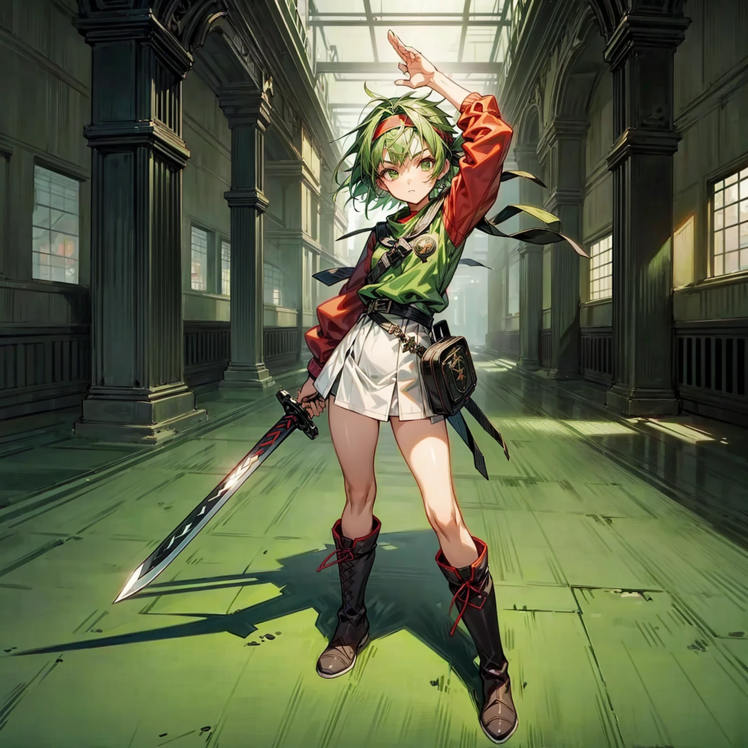 1girl, Full body version, 1character, green eyes, short haircut, green color hair, knight army style clothing, red colour clothing, headband bandana, boots, Grassroots, background in room city building, motion blur, (Hunter x Hunter style art), standing gesture, sword in hand