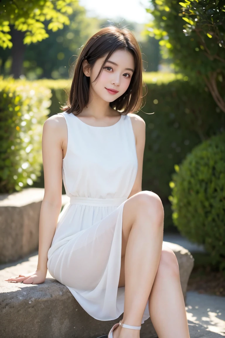 I will be depicting a young woman named Tomo-chan in the summer.. She is wearing a white sleeveless dress. The dress is made of lightweight chiffon material.、Has a ribbon at the waist, highlighting her thin silhouette. Check out her beautiful legs, long, thin, and tightened. Her skin has a smooth, healthy glow.. She is wearing simple sandals that show off her elegant feet.. Photograph her legs in elegant poses, The sunlight accentuates the contours and smoothness of her skin.. The summery setting accentuates the grace and charm of her legs..