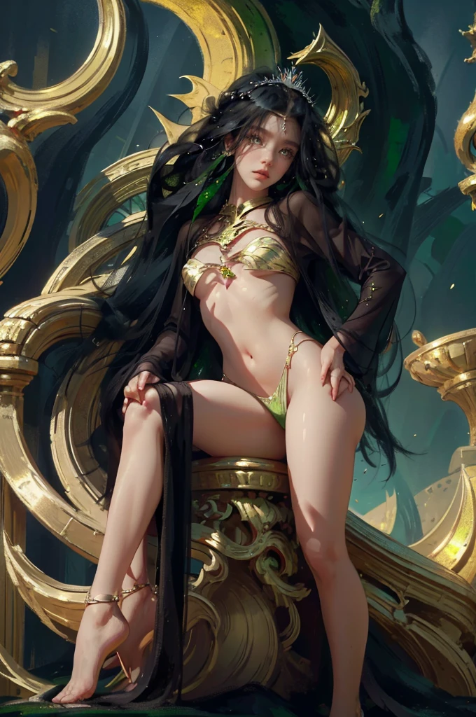 ((aeolian)), ung)) girl with a beautiful face and green eyes, Princess, full body view, very long black hair, fantasy castle landscape