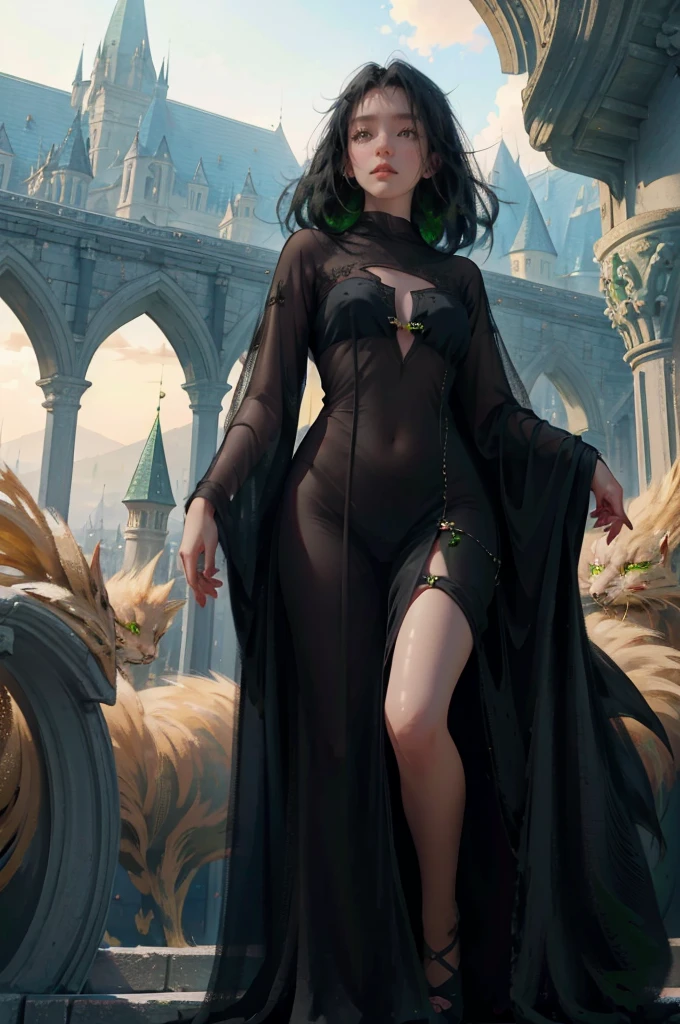 ((aeolian)), ung)) girl with a beautiful face and green eyes, Princess, full body view, very long black hair, fantasy castle landscape