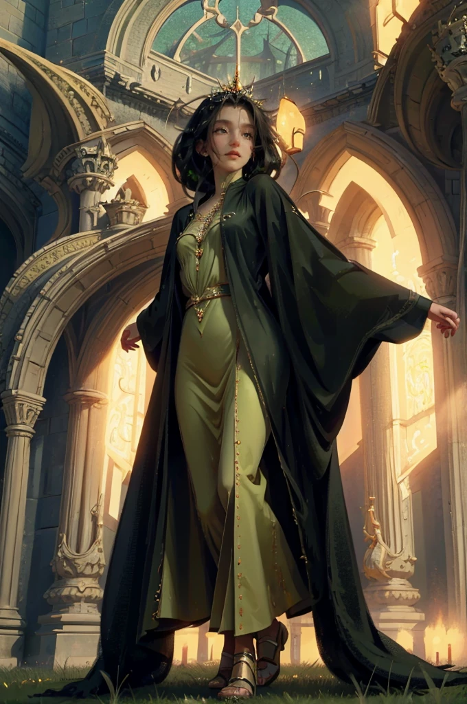 ((aeolian)), 1 ((young)) girl with a beautiful face and green eyes, Princess, full body view, very long black hair, fantasy castle landscape