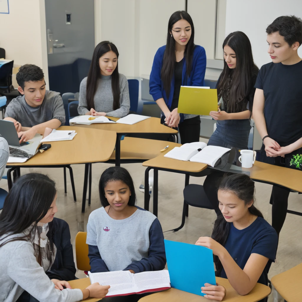  image of a group of students from different backgrounds and with various study materials, collaborating on a project, under the guidance of a University professor who encourages open discussion and critical thinking. That symbolizes evaluation as an inclusive and enriching space, where diversity of ideas and approaches is celebrated.