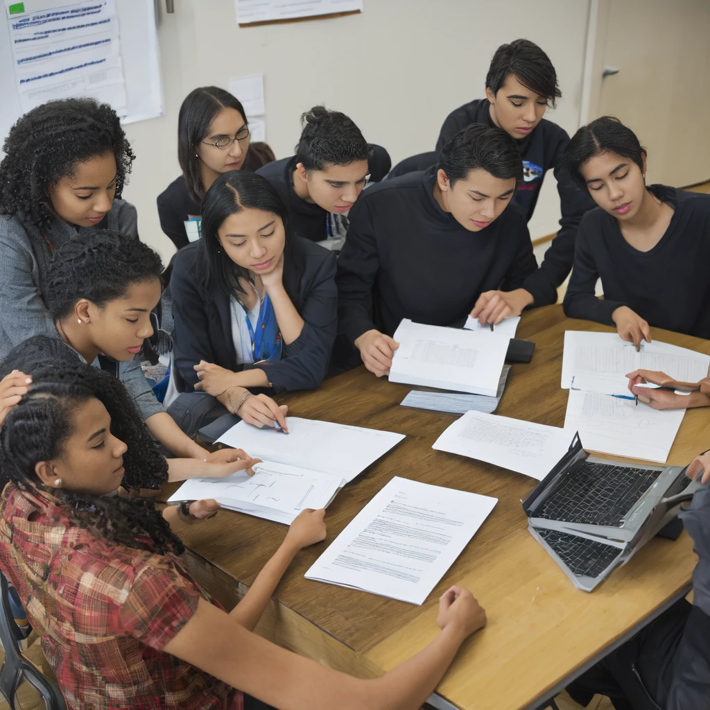 image of a group of students from different backgrounds and with various study materials, collaborating on a project, under the guidance of a University professor who encourages open discussion and critical thinking. That symbolizes evaluation as an inclusive and enriching space, where diversity of ideas and approaches is celebrated.