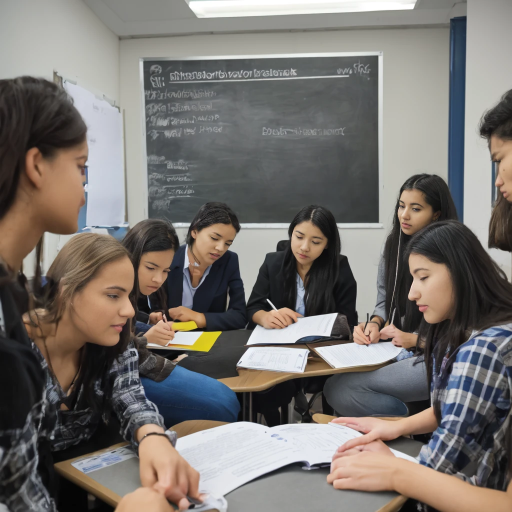  image of a group of students from different backgrounds and with various study materials, collaborating on a project, under the guidance of a University professor who encourages open discussion and critical thinking. That symbolizes evaluation as an inclusive and enriching space, where diversity of ideas and approaches is celebrated.