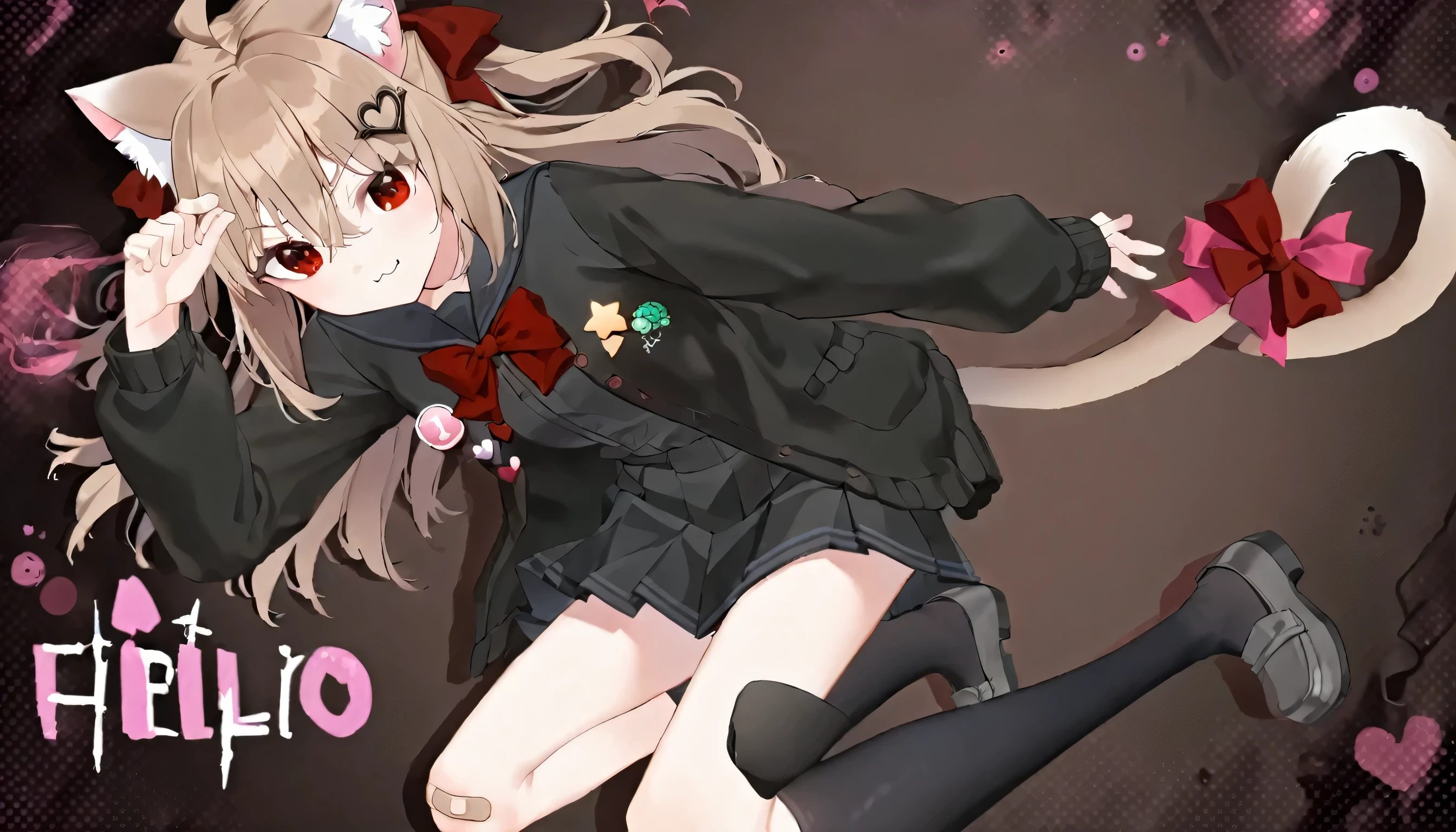 1girl, evil neuro-sama, red eyes, light brown hair, ahoge, two side up, hair ribbon, dark red ribbon, heart hair ornament, black cardigan, open cardigan, black sailor collar, long sleeves, red bow, heart, button badge, star \(symbol\), drone, the number "1" on a badge, turtle, black skirt, pleated skirt, asymmetrical legwear, black thighhighs, black kneehighs, bandaid on knee, grey footwear, loafers,cat ears, cat tail, tail bow, :3,
