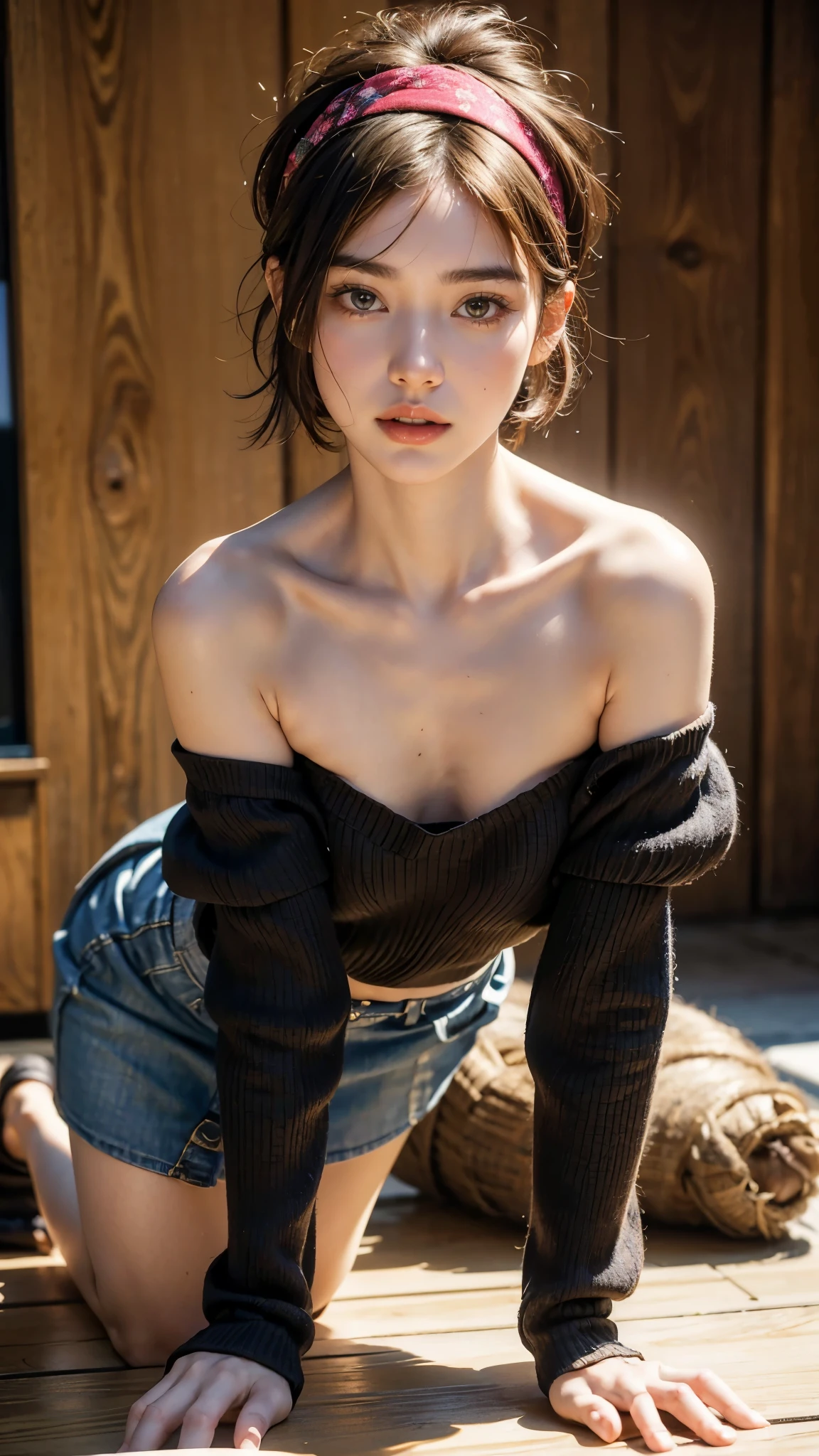 Highest quality, masterpiece, Ultra-high resolution,8k, (Realistic:1.6), (Portrait of a man walking on all fours:1.4) RAW Photos, ((Off-the-shoulder mini skirt)),1 person,A slender adult 26-year-old woman,((Sexy look )),((Short hair with a headband)),((Front view)),Face Focus:1.4,((Photographed from the front:1.4)),