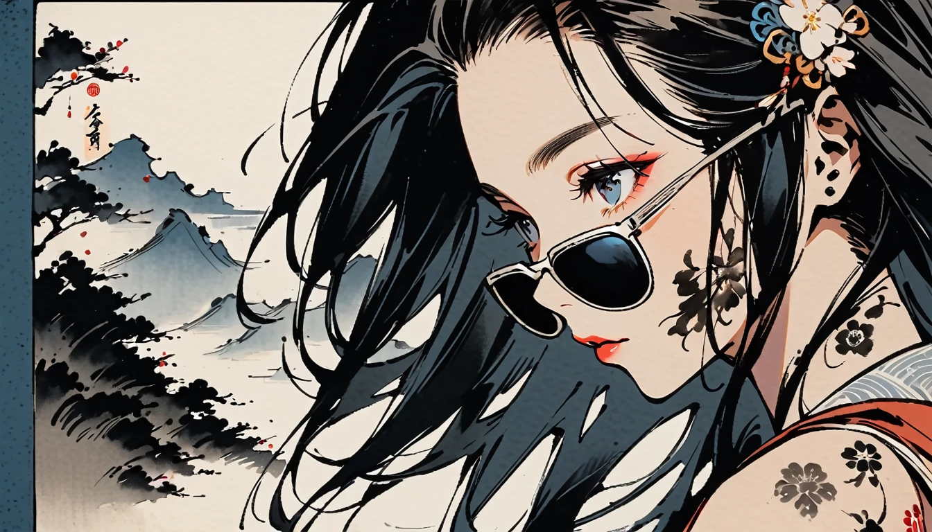 Ink Painting, (((1 girl))), (((Tattoo on face))), (((sunglasses))), Japanese style headphones, face close-up, Japanese beautiful girl, Black Hair, Delicate and precise, Modern ukiyo-e style