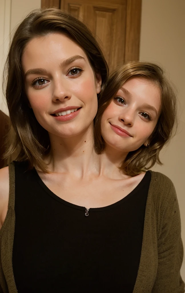 2heads, mom and daughter, (one head adult:1.5), (one head child:1.5), (a blonde and a redhead:1.4)