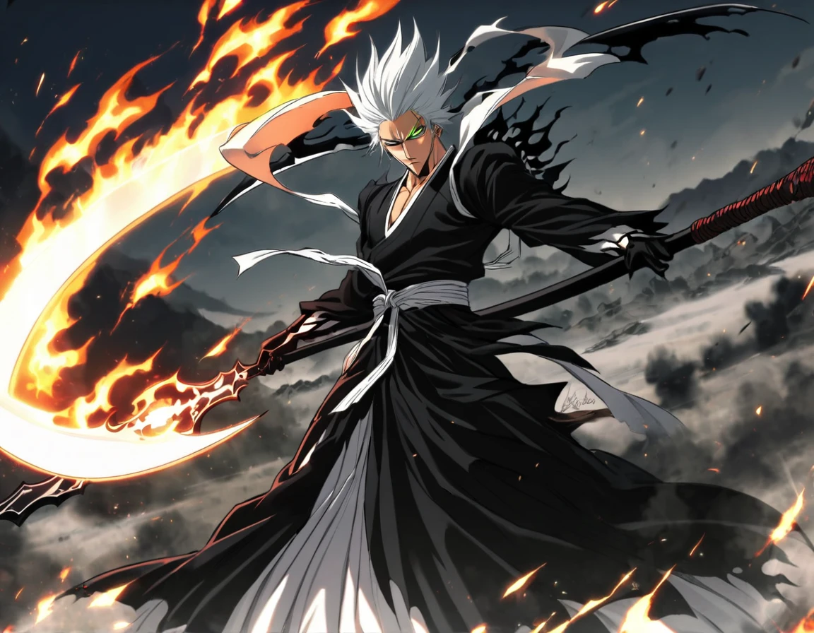 1 boy, male focus, Intricate details, 1 man, handsome, white hair, vibrant green eyes, slim muscles, アニメ, 19 years old, 19 years old, a small goatee, Shinigami kimono, Shinigami, bleach style, bleach, Tank top, kimono , bleach, bleach style (black kimono), (the character would be releasing all his power on the battlefield, using your scythe launching negative flames at your opponents, leaving the entire battlefield in black flames, This is your bankai form from the bleach universe).
