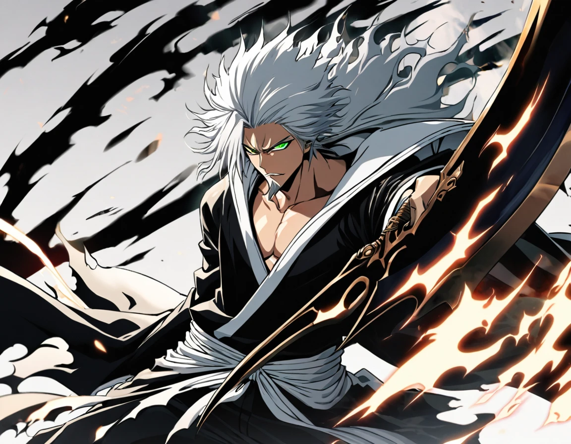 1 boy, male focus, Intricate details, 1 man, handsome, white hair, vibrant green eyes, slim muscles, アニメ, 19 years old, 19 years old, a small goatee, Shinigami kimono, Shinigami, bleach style, bleach, Tank top, kimono , bleach, bleach style (black kimono), (the character would be releasing all his power on the battlefield, using your scythe launching negative flames at your opponents, leaving the entire battlefield in black flames, This is your bankai form from the bleach universe).