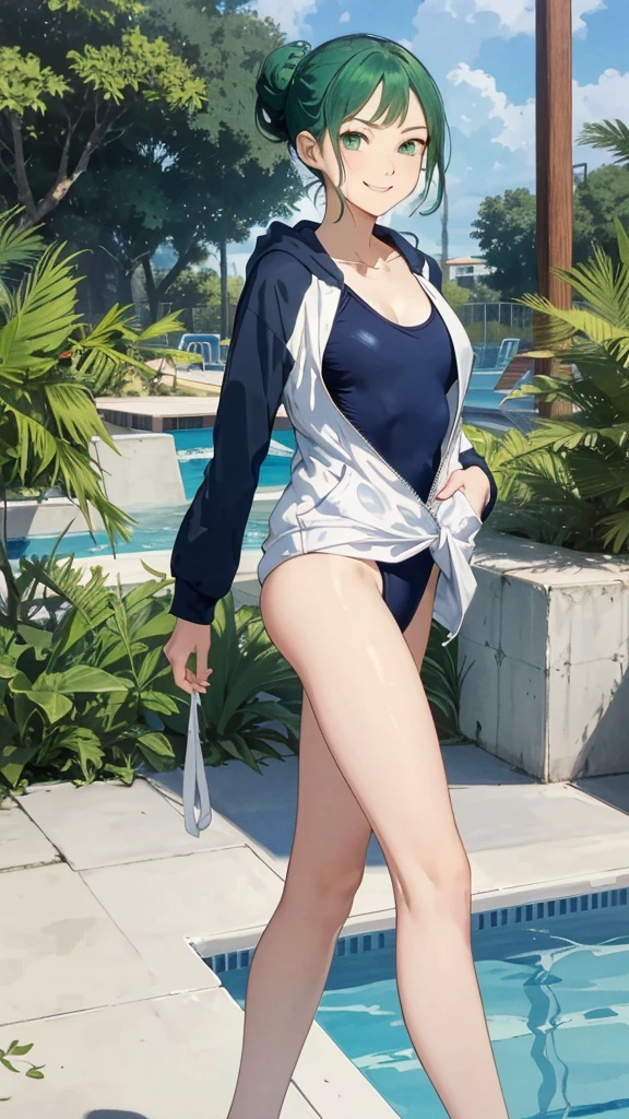 masterpiece, high quality, Sexy teacher walking by the pool, One girl, whole body, Navy and white swimsuit, Long Sleeve White Hoodie, Open clothes, Whistle around the neck, Swimsuit, alone, One piece swimsuit, chest, chestの谷間, Green Hair, Updo, Green Eyes, Sandals, smile, Beautiful and ass