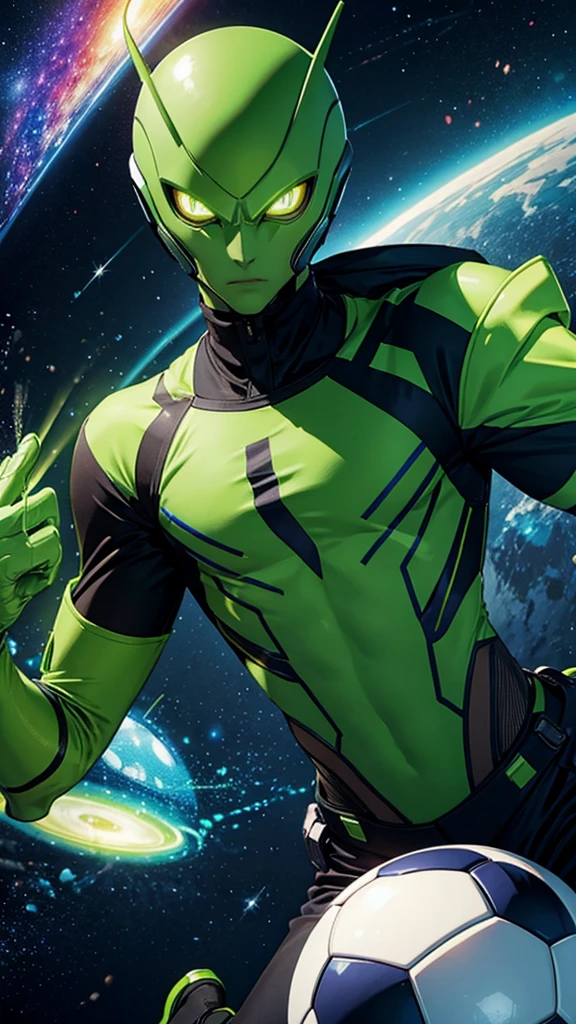  A male green alien playing soccer. On a galaxy